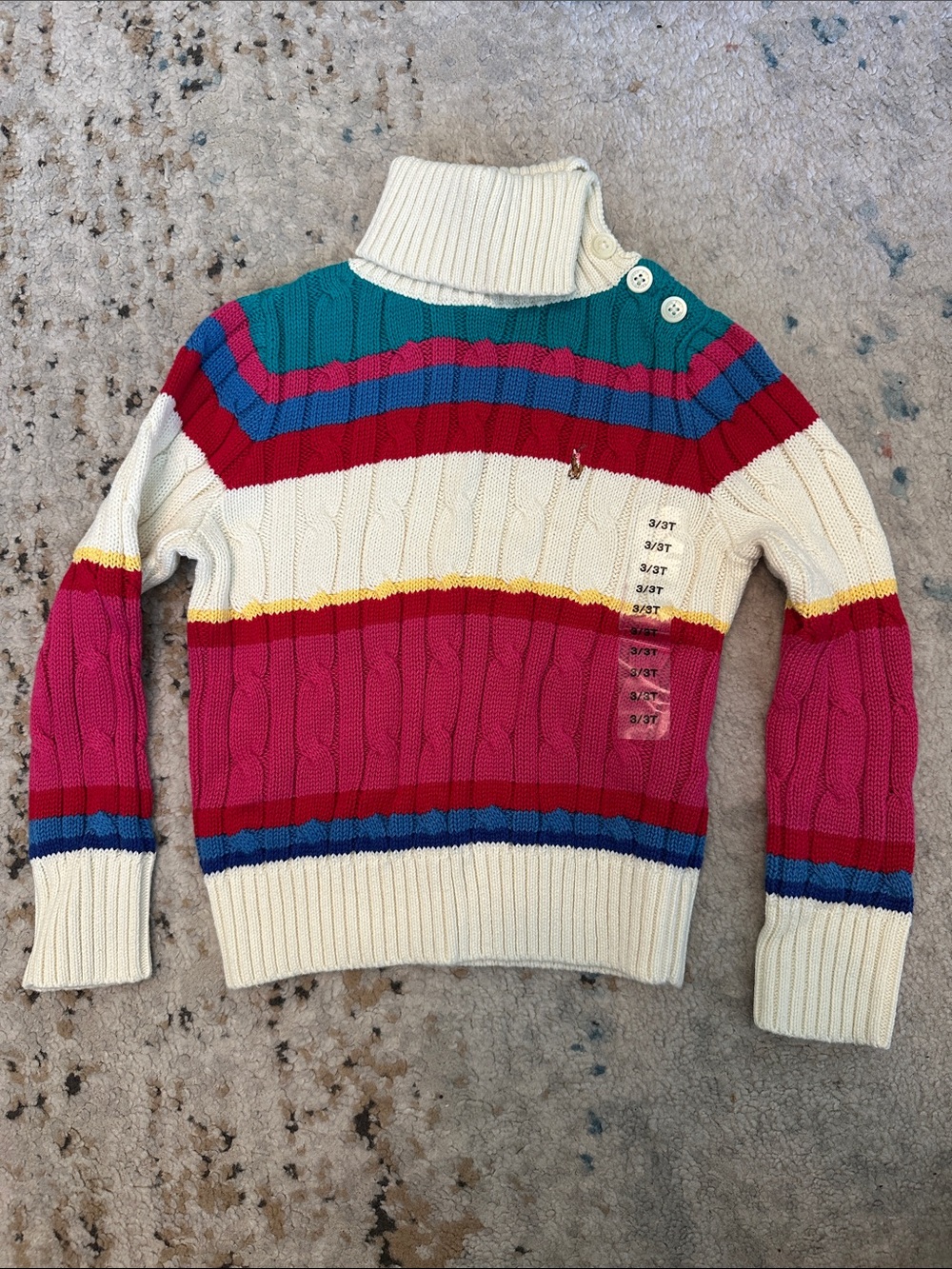 Vintage Ralph Lauren Cream Multicolor Stripe Cable-Knit Turtleneck Sweater